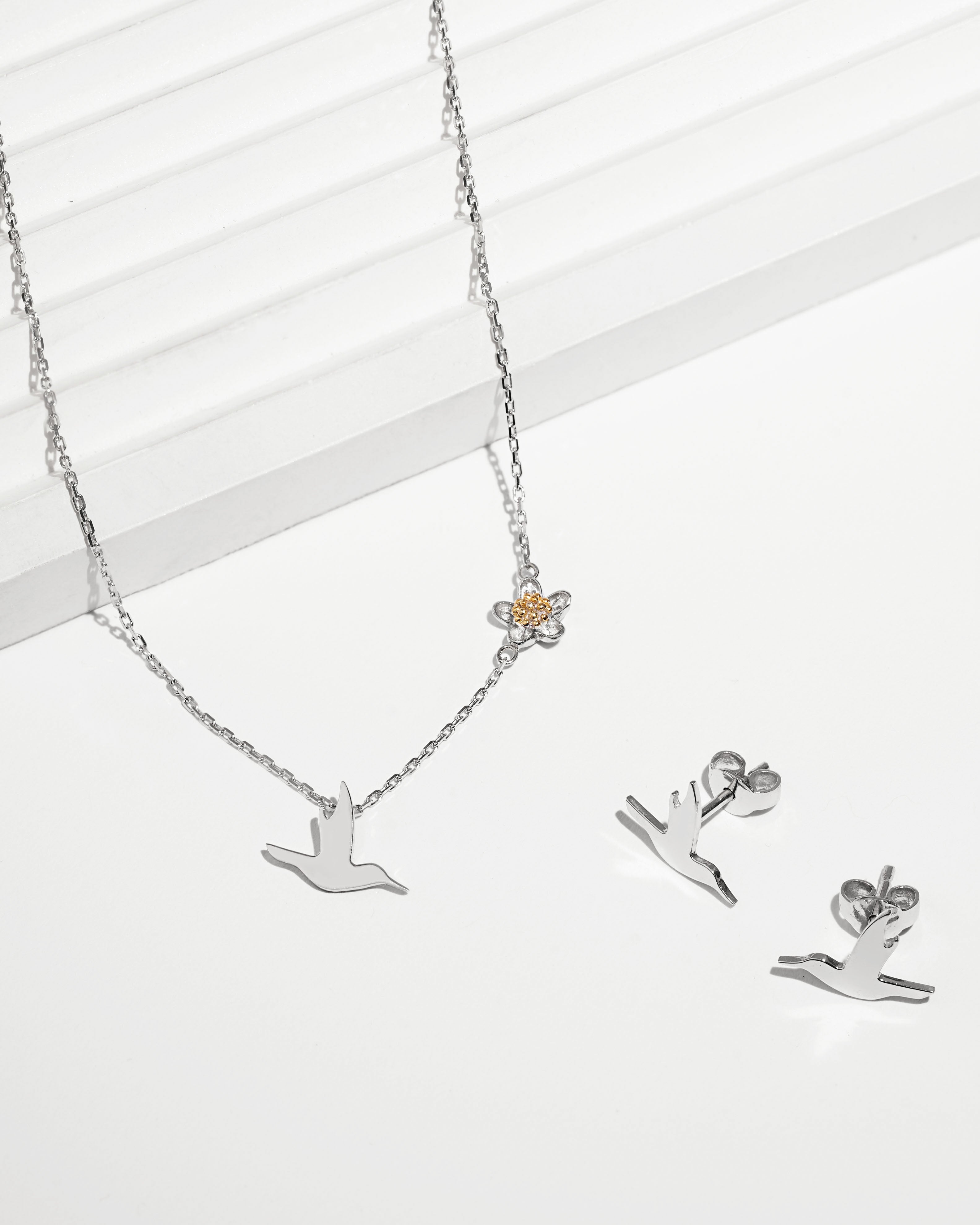 Bird and Flower necklace, silver color