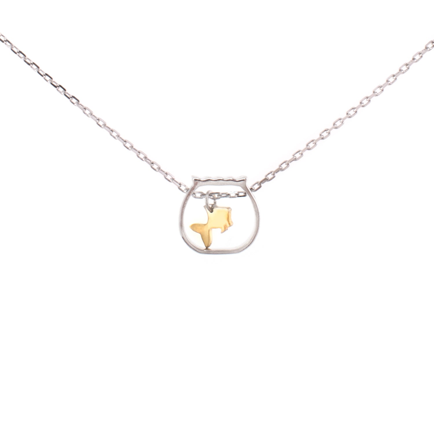 Fish in the Bowl necklace, silver and gold color