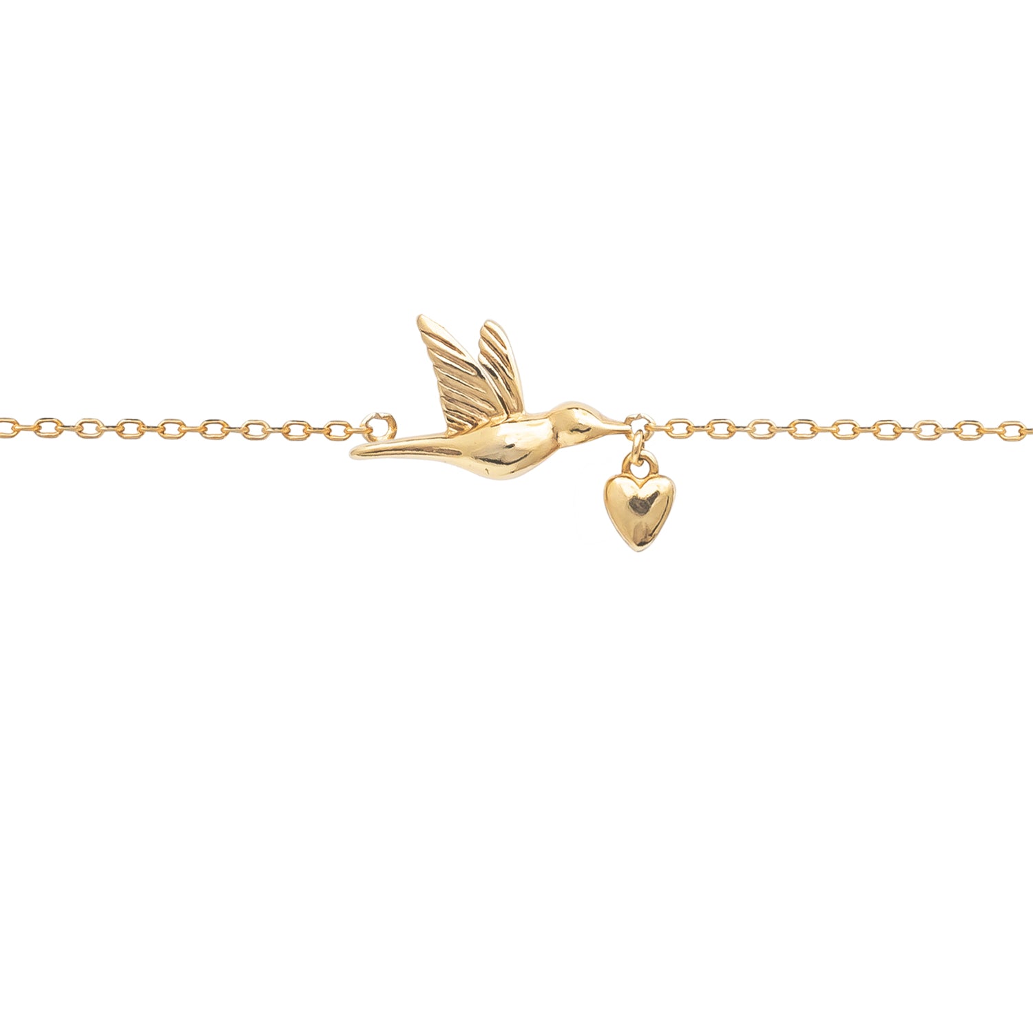 Bird and heart necklace, yellow gold plated
